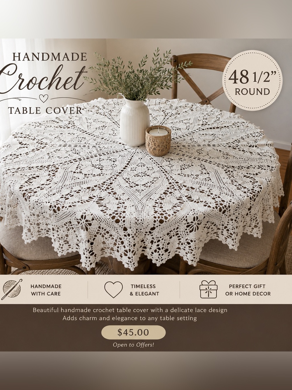 Handmade Vintage Crochet Round Table Cover 48.5” – Ivory Floral Lace